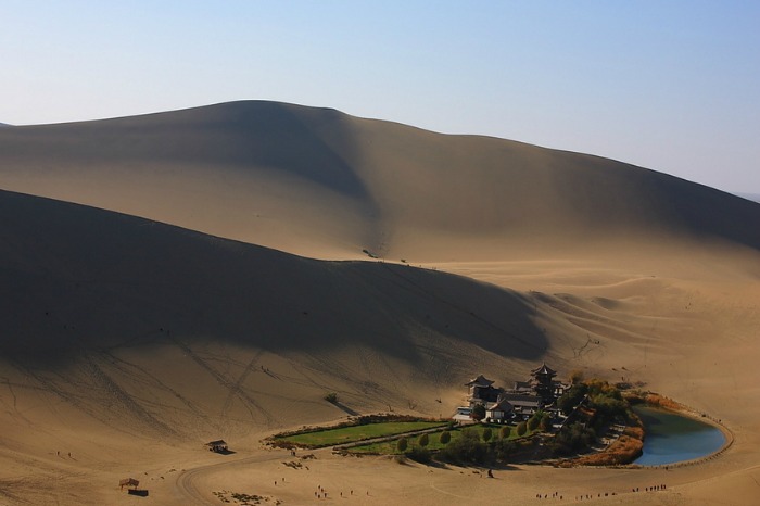 crescent lake in the gobi desert