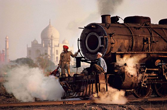 Workers on a steam locomotive, India, 1983