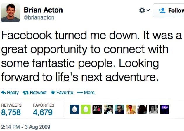 Brian Acton'ın Facebook'la yaptığı iş mülakatından sonra attığı tweet